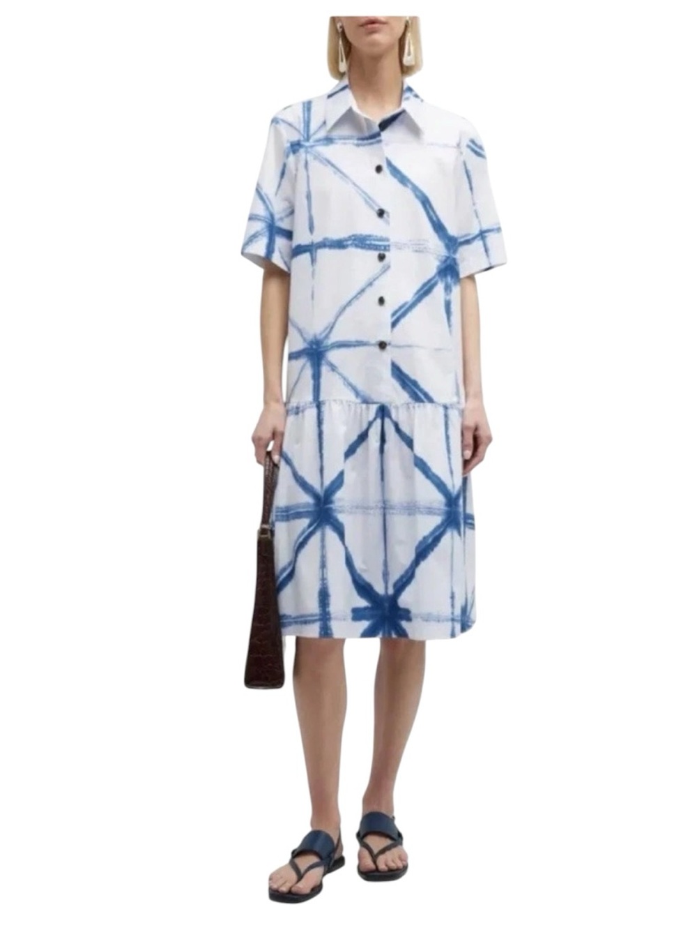 Lafayette 148 Shibori Shirt Dress XL Blue Tie Dye Abstract Print
